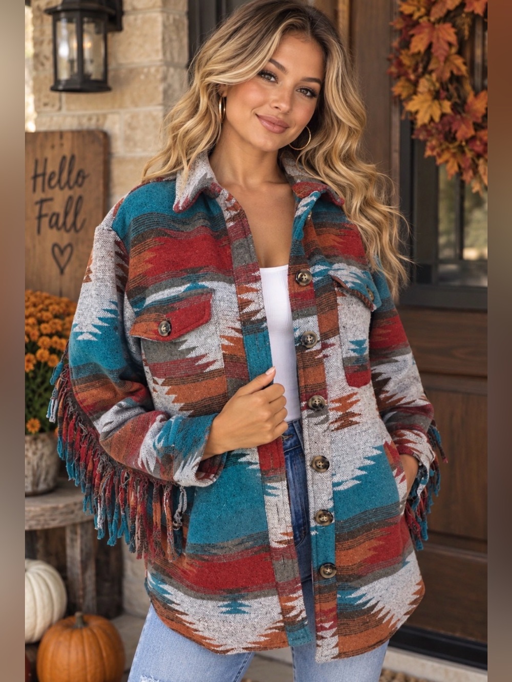 L.I.F.E. Aztec Fringe Button-Up Shacket - Teal & Rust